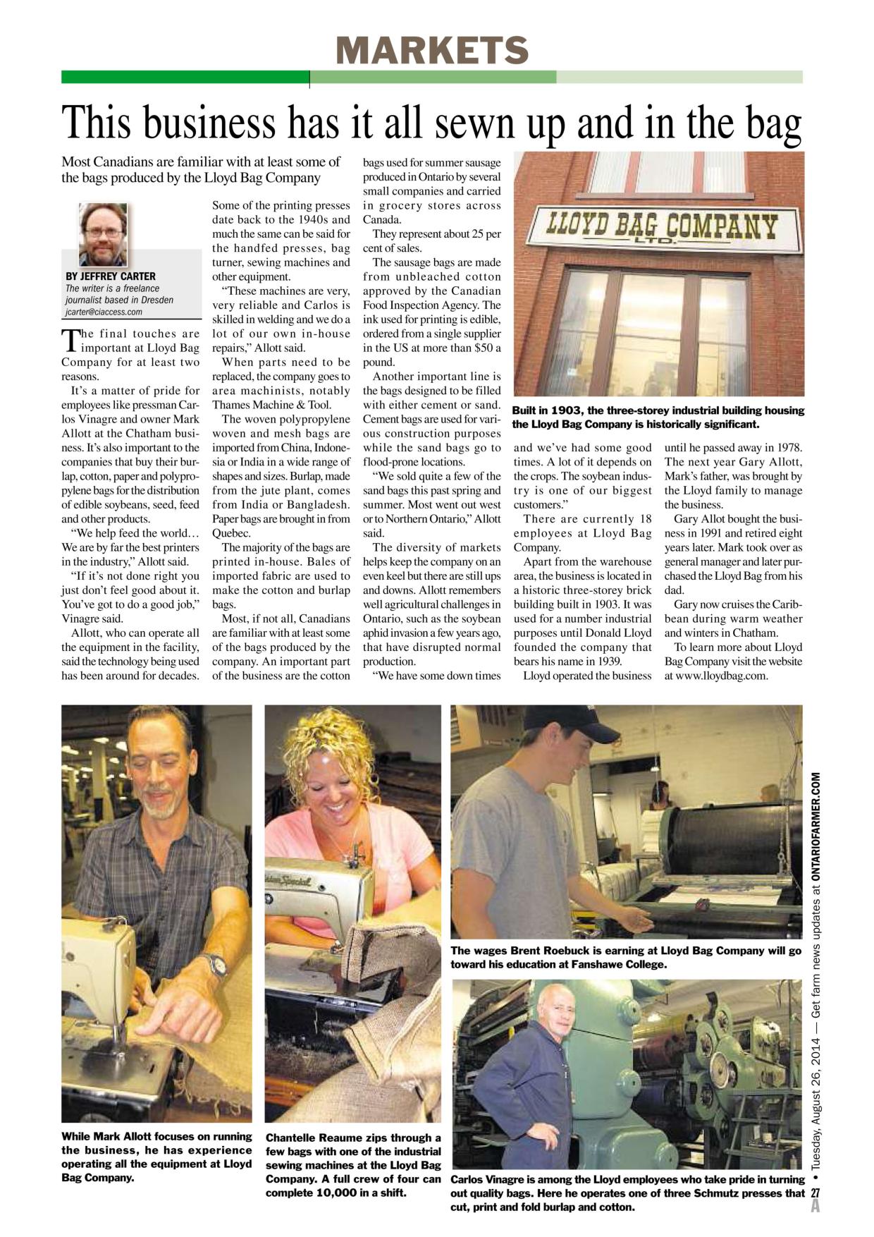 Lloyd Bag - Ontario Farmer Article